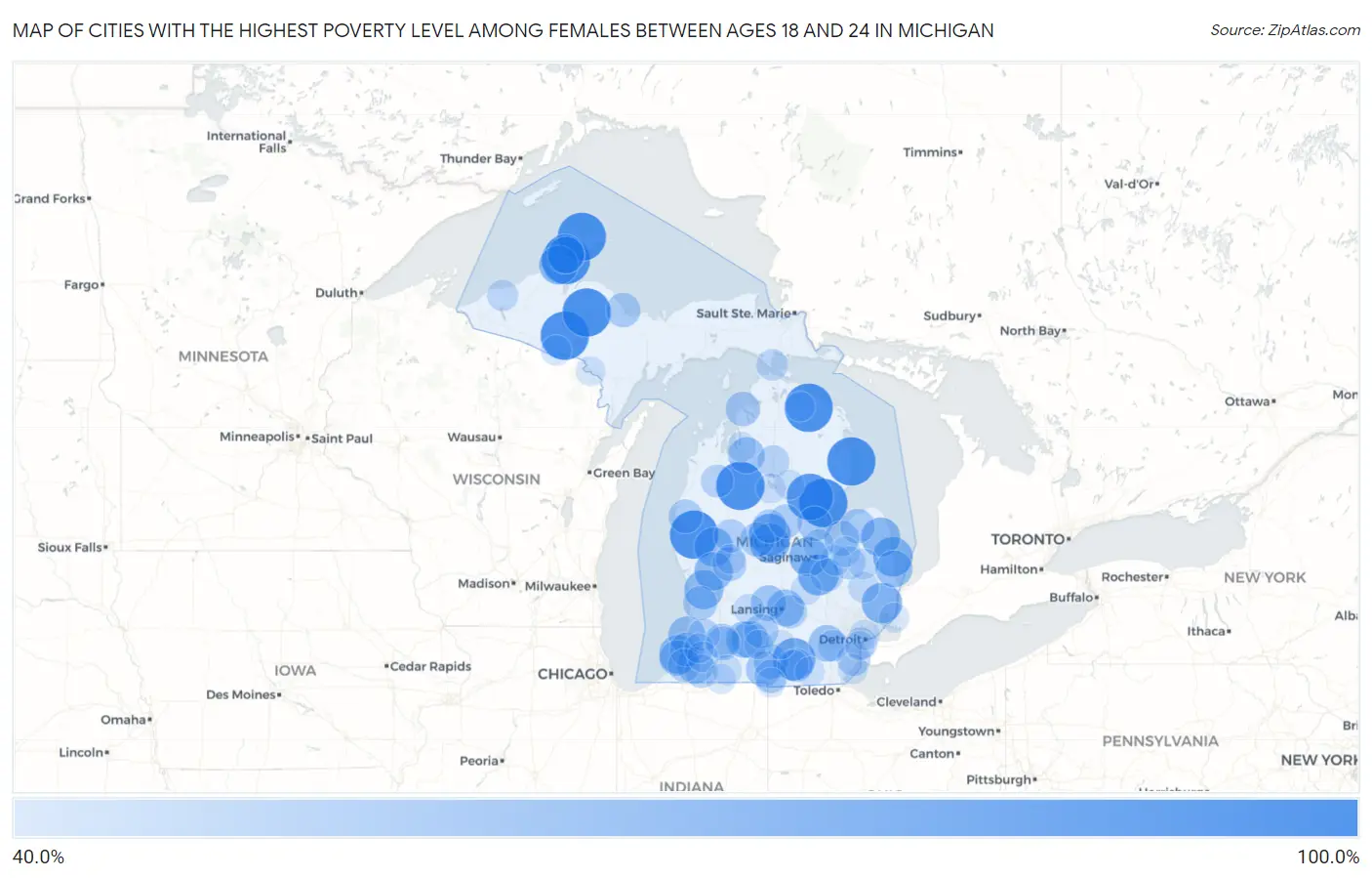 Cities with the Highest Poverty Level Among Females Between Ages 18 and 24 in Michigan Map