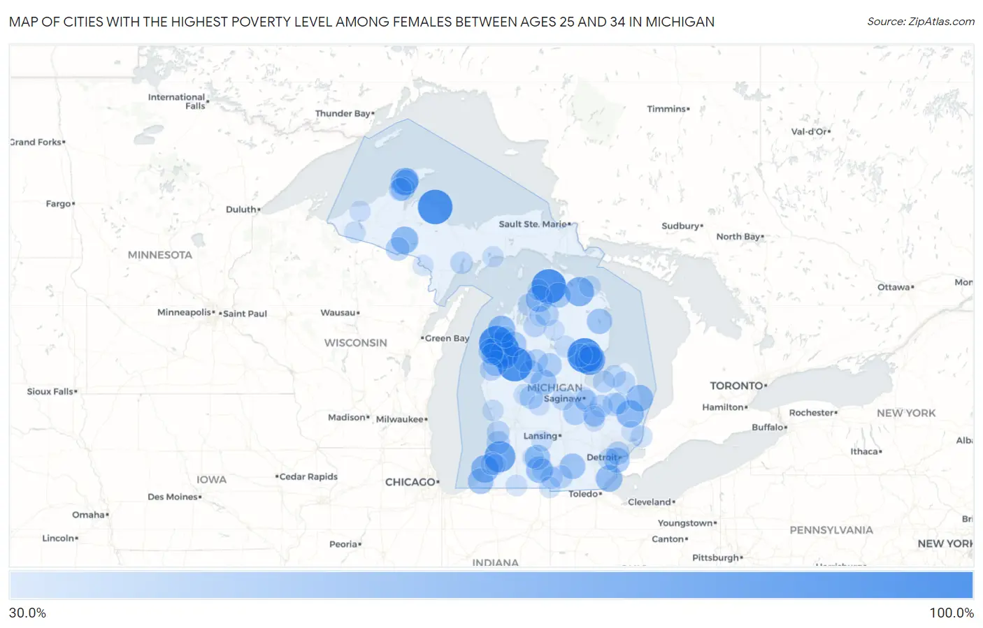 Cities with the Highest Poverty Level Among Females Between Ages 25 and 34 in Michigan Map