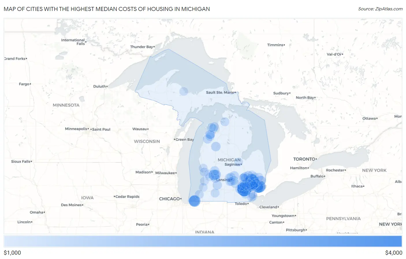 Cities with the Highest Median Costs of Housing in Michigan Map