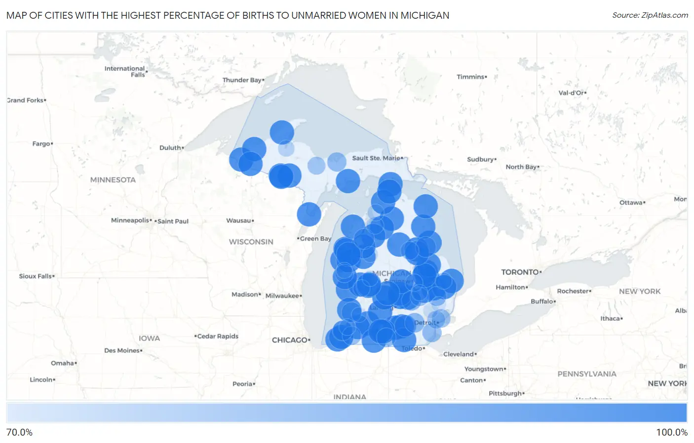 Cities with the Highest Percentage of Births to Unmarried Women in Michigan Map