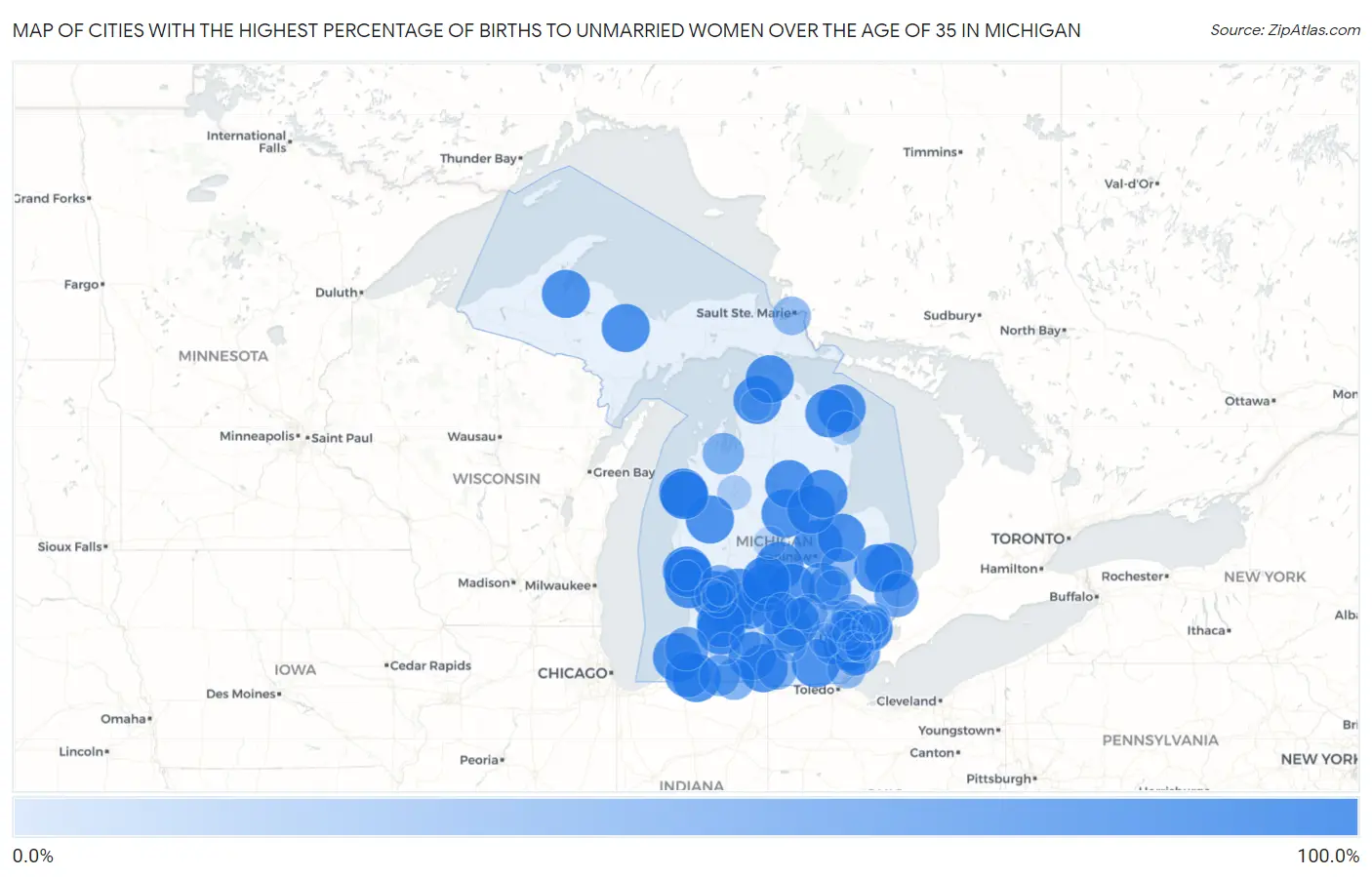 Cities with the Highest Percentage of Births to Unmarried Women over the Age of 35 in Michigan Map