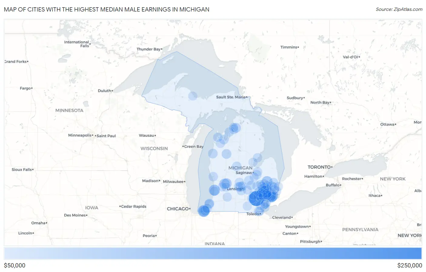 Cities with the Highest Median Male Earnings in Michigan Map