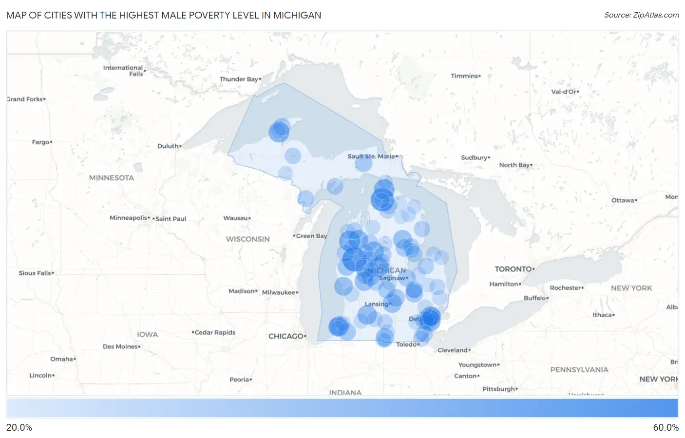 Cities with the Highest Male Poverty Level in Michigan Map