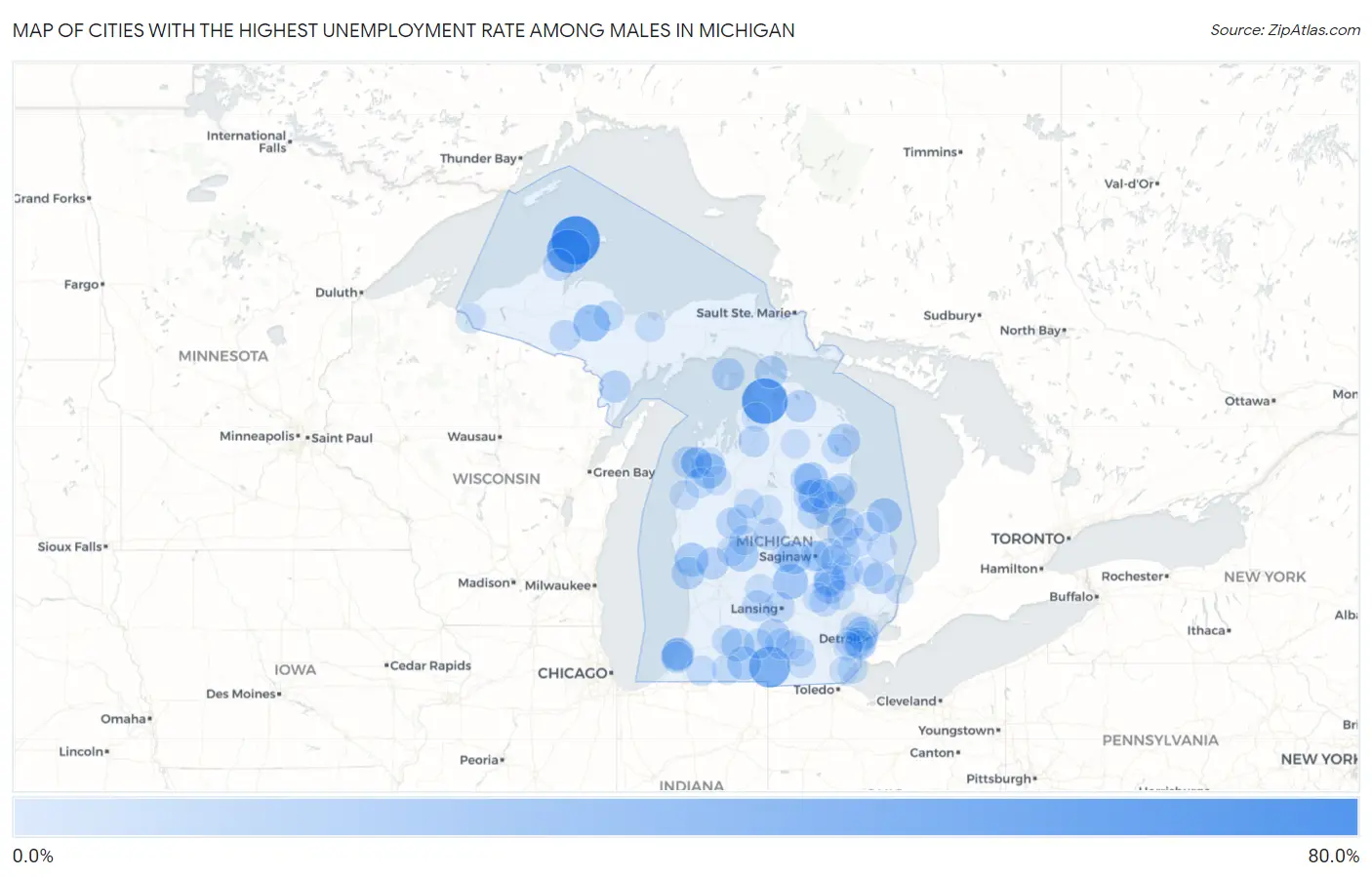 Cities with the Highest Unemployment Rate Among Males in Michigan Map
