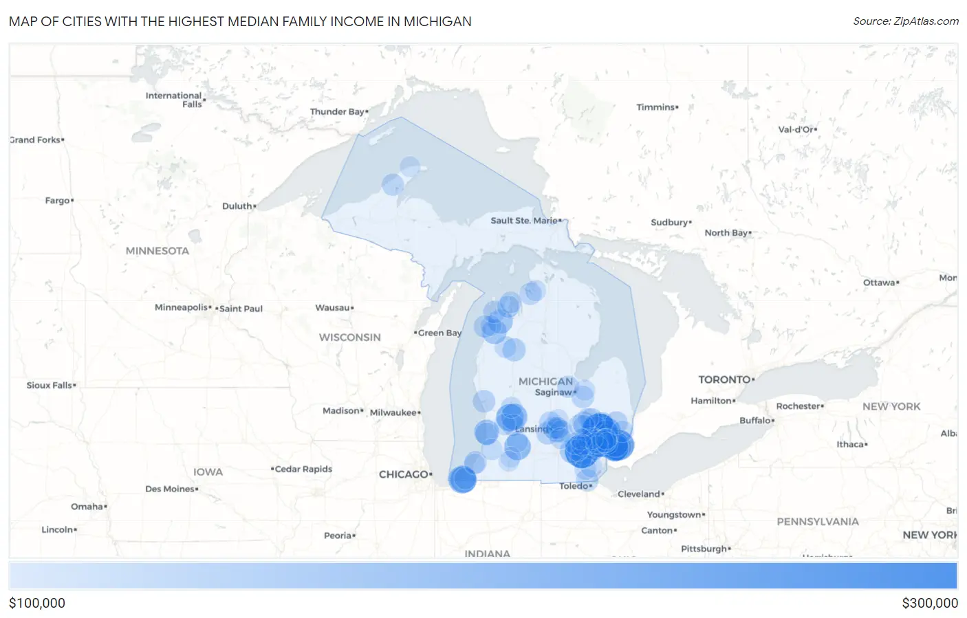Cities with the Highest Median Family Income in Michigan Map