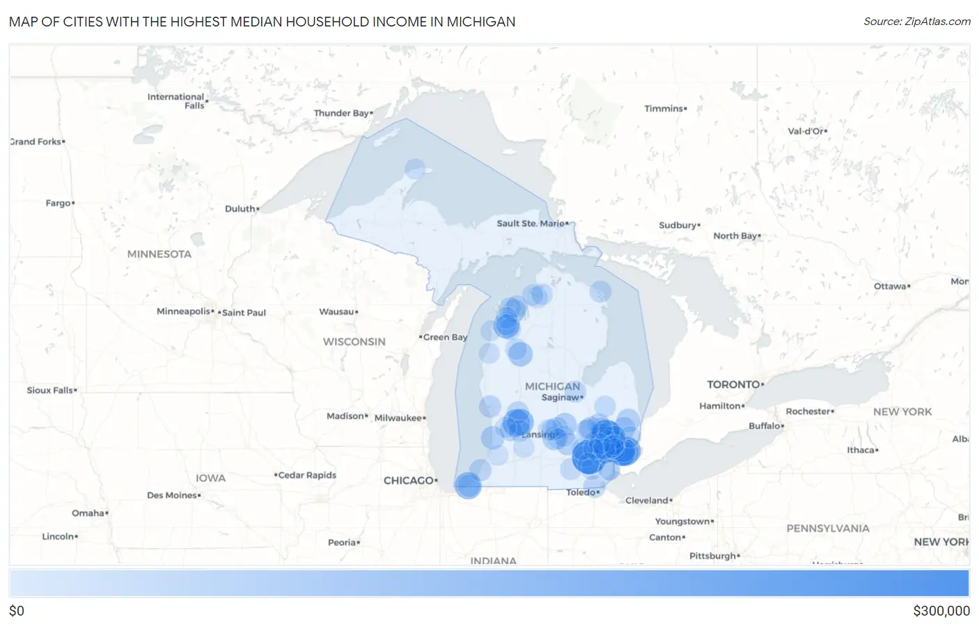 Cities with the Highest Median Household Income in Michigan Map
