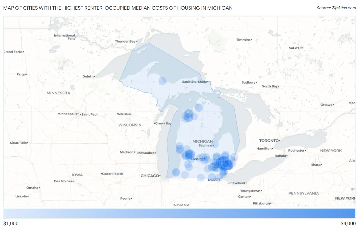Cities with the Highest Renter-Occupied Median Costs of Housing in Michigan Map