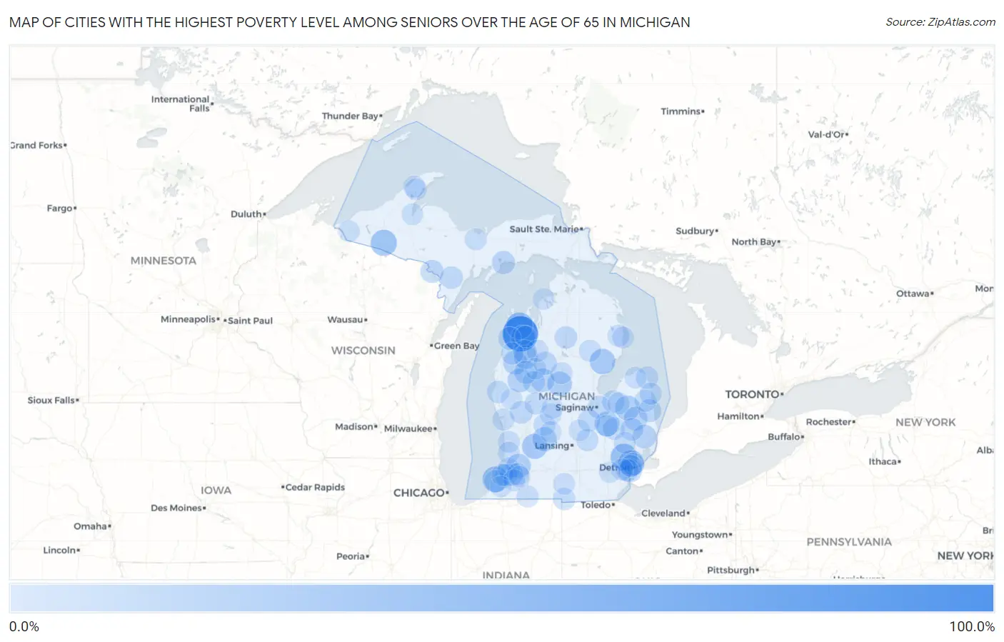 Cities with the Highest Poverty Level Among Seniors Over the Age of 65 in Michigan Map