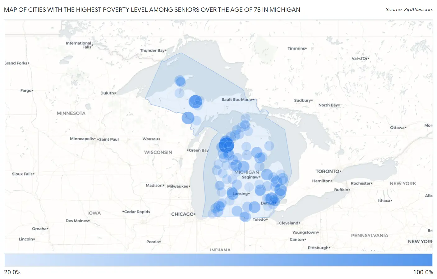 Cities with the Highest Poverty Level Among Seniors Over the Age of 75 in Michigan Map