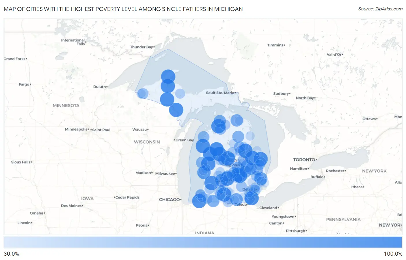Cities with the Highest Poverty Level Among Single Fathers in Michigan Map