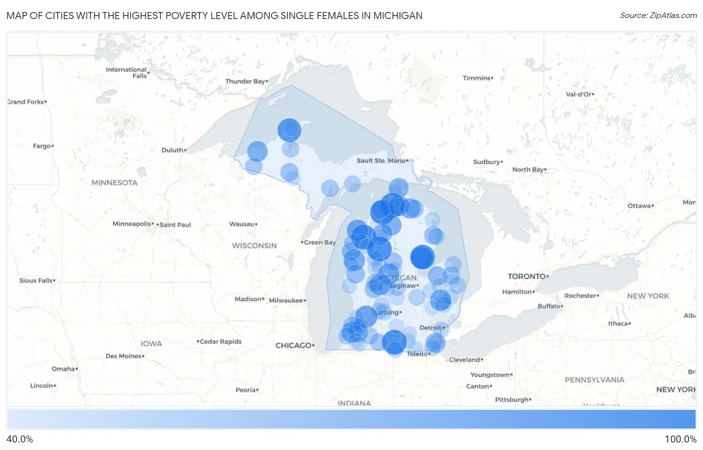 Cities with the Highest Poverty Level Among Single Females in Michigan Map