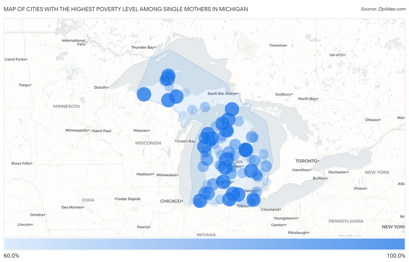 Cities with the Highest Poverty Level Among Single Mothers in Michigan Map