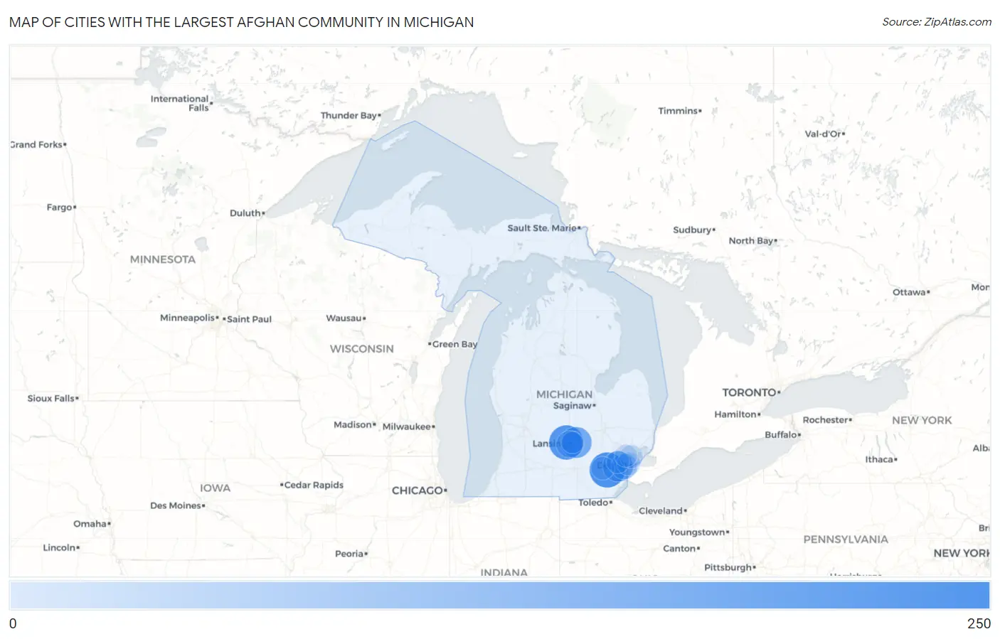 Cities with the Largest Afghan Community in Michigan Map