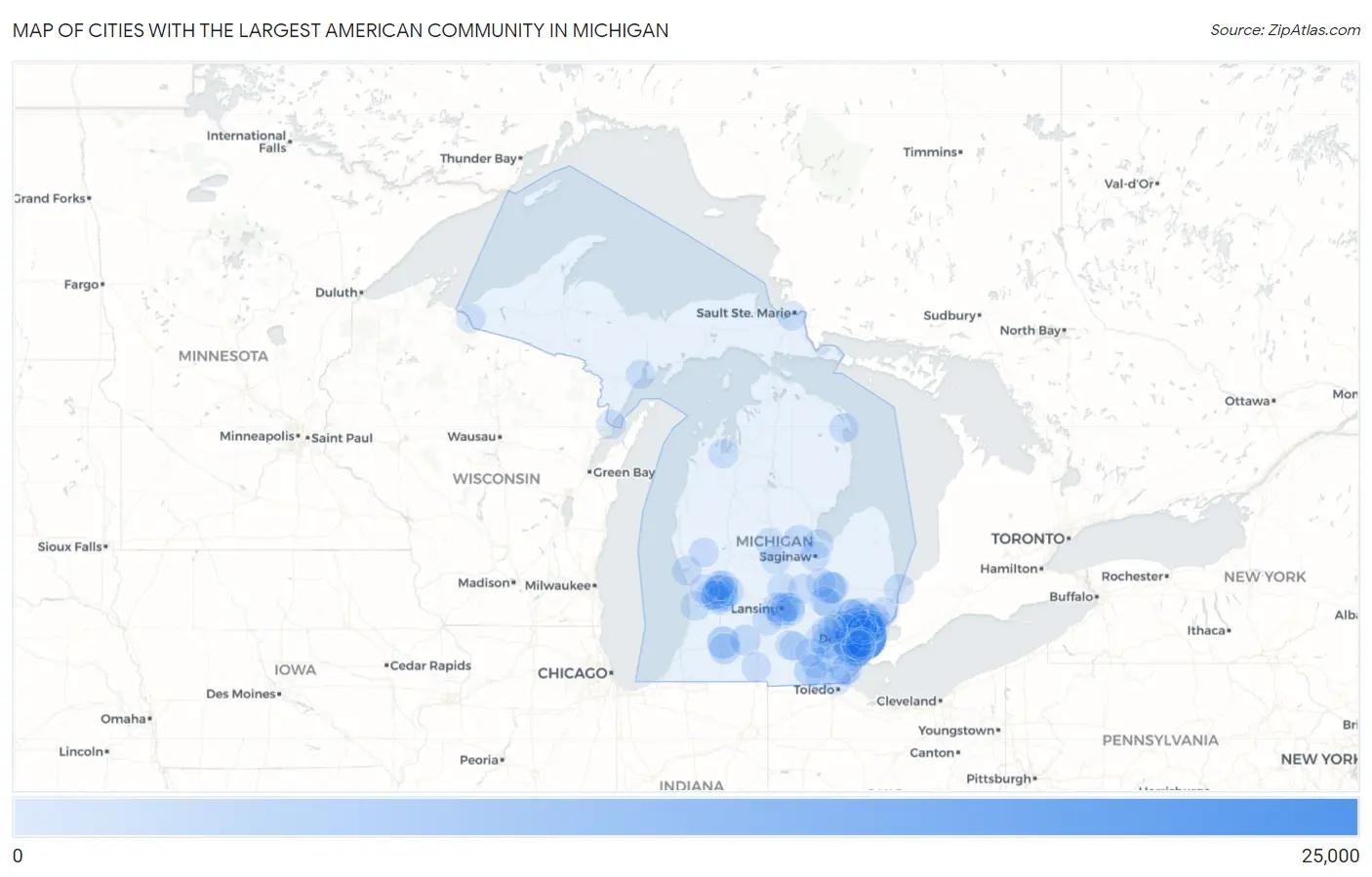 Cities with the Largest American Community in Michigan Map