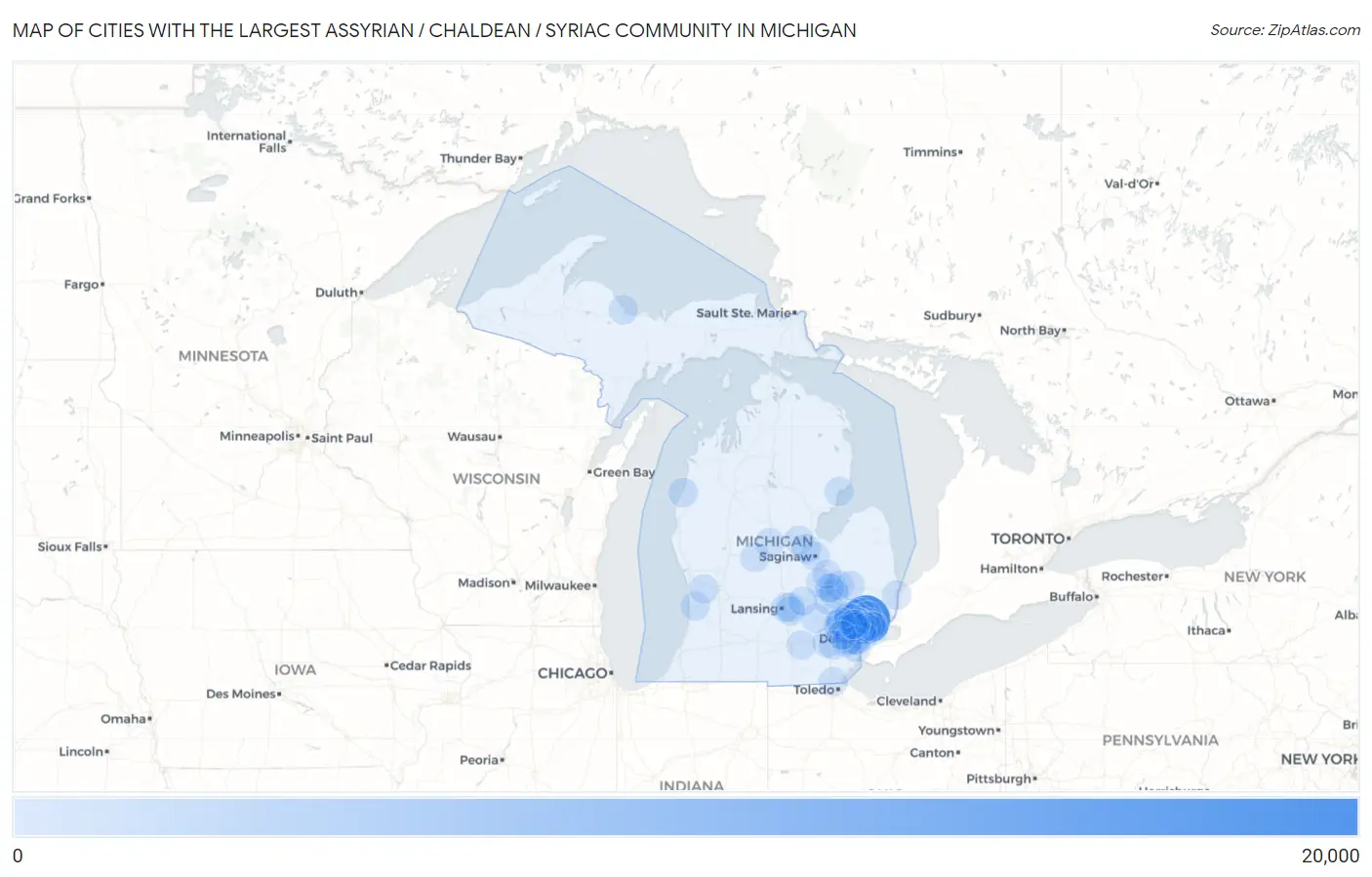 Cities with the Largest Assyrian / Chaldean / Syriac Community in Michigan Map