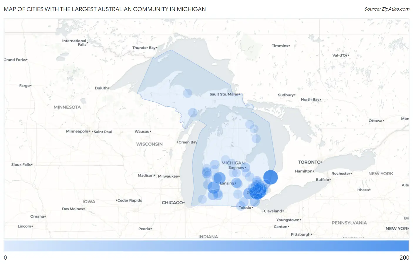 Cities with the Largest Australian Community in Michigan Map