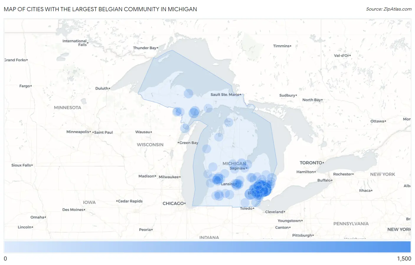 Cities with the Largest Belgian Community in Michigan Map