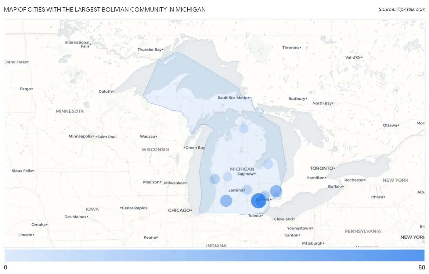 Cities with the Largest Bolivian Community in Michigan Map