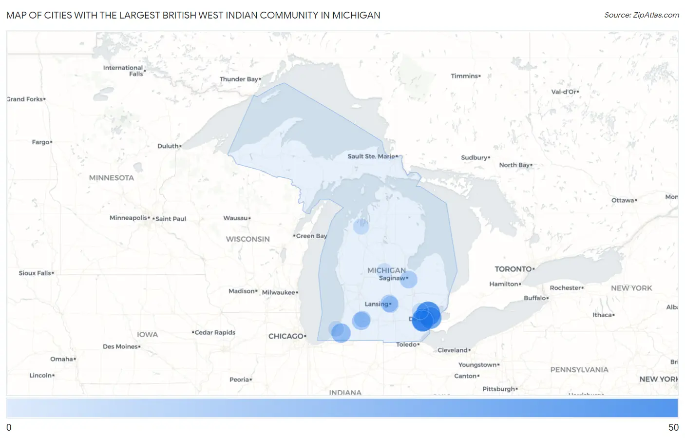 Cities with the Largest British West Indian Community in Michigan Map
