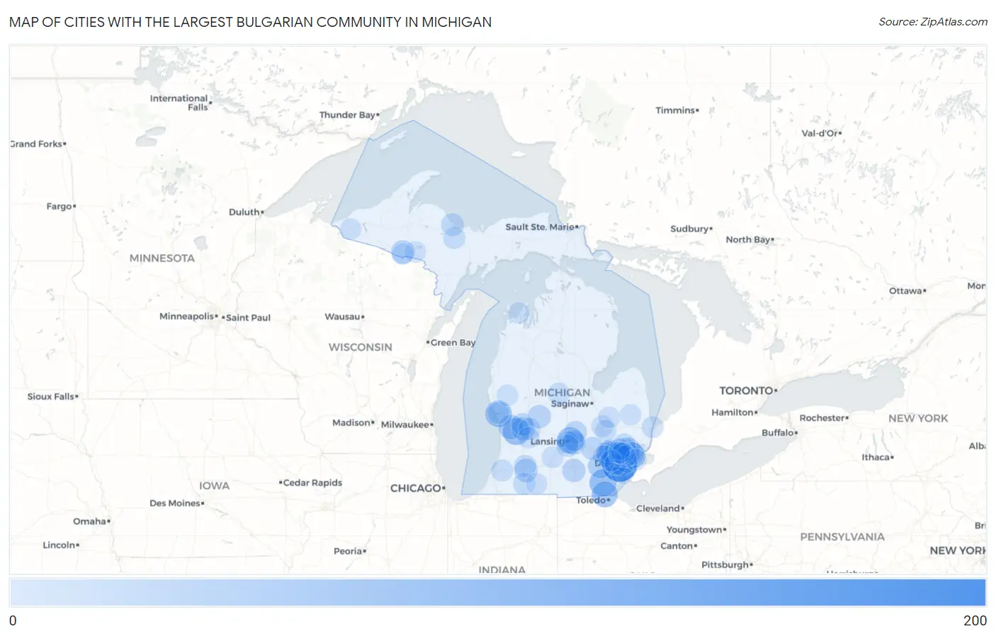 Cities with the Largest Bulgarian Community in Michigan Map