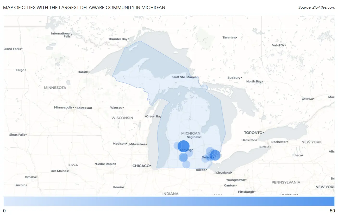 Cities with the Largest Delaware Community in Michigan Map