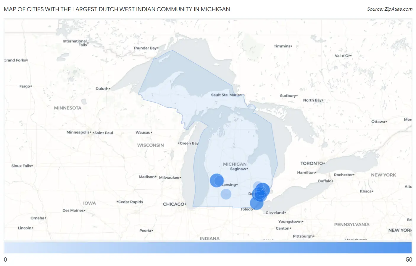 Cities with the Largest Dutch West Indian Community in Michigan Map