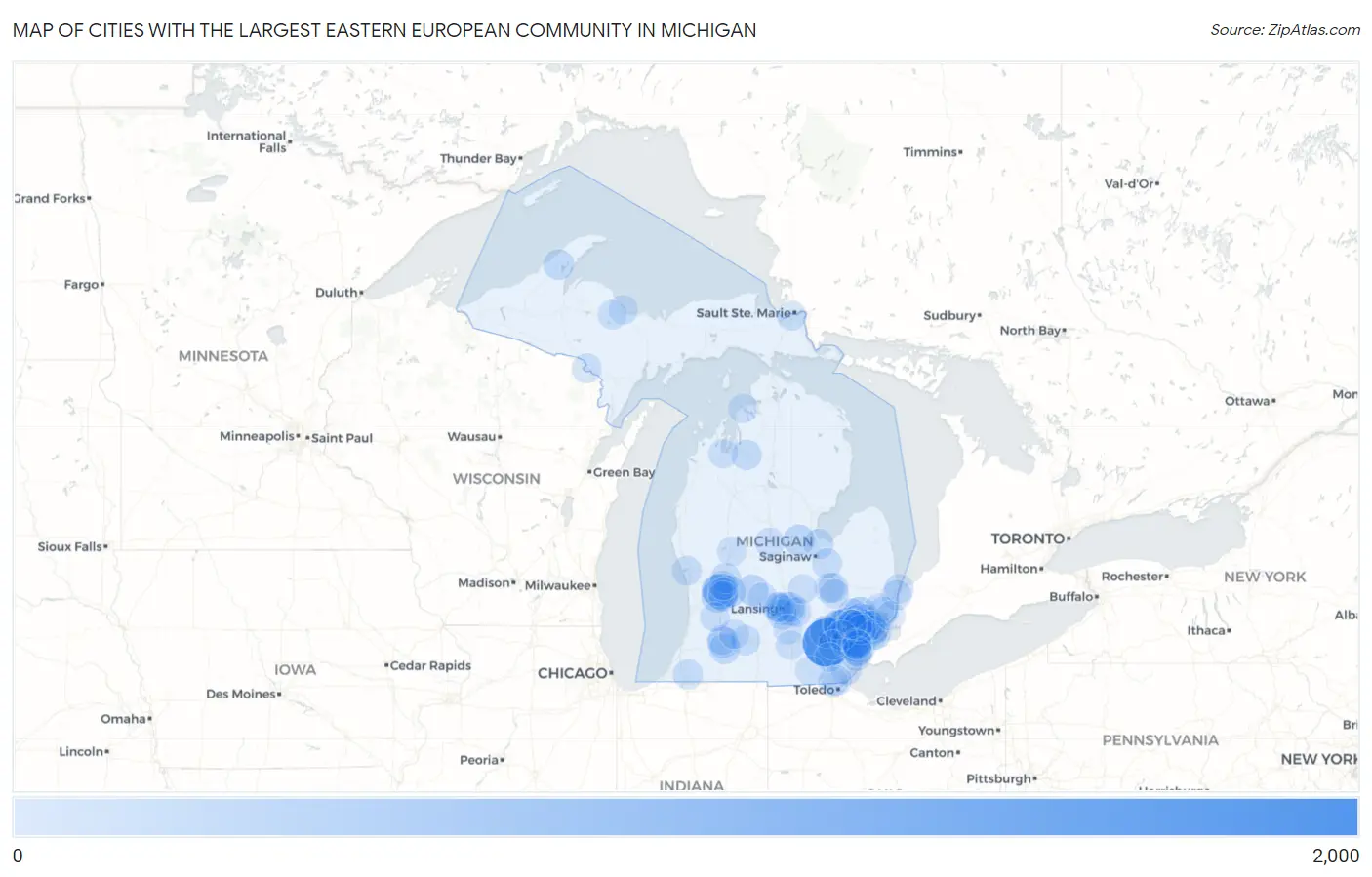 Cities with the Largest Eastern European Community in Michigan Map