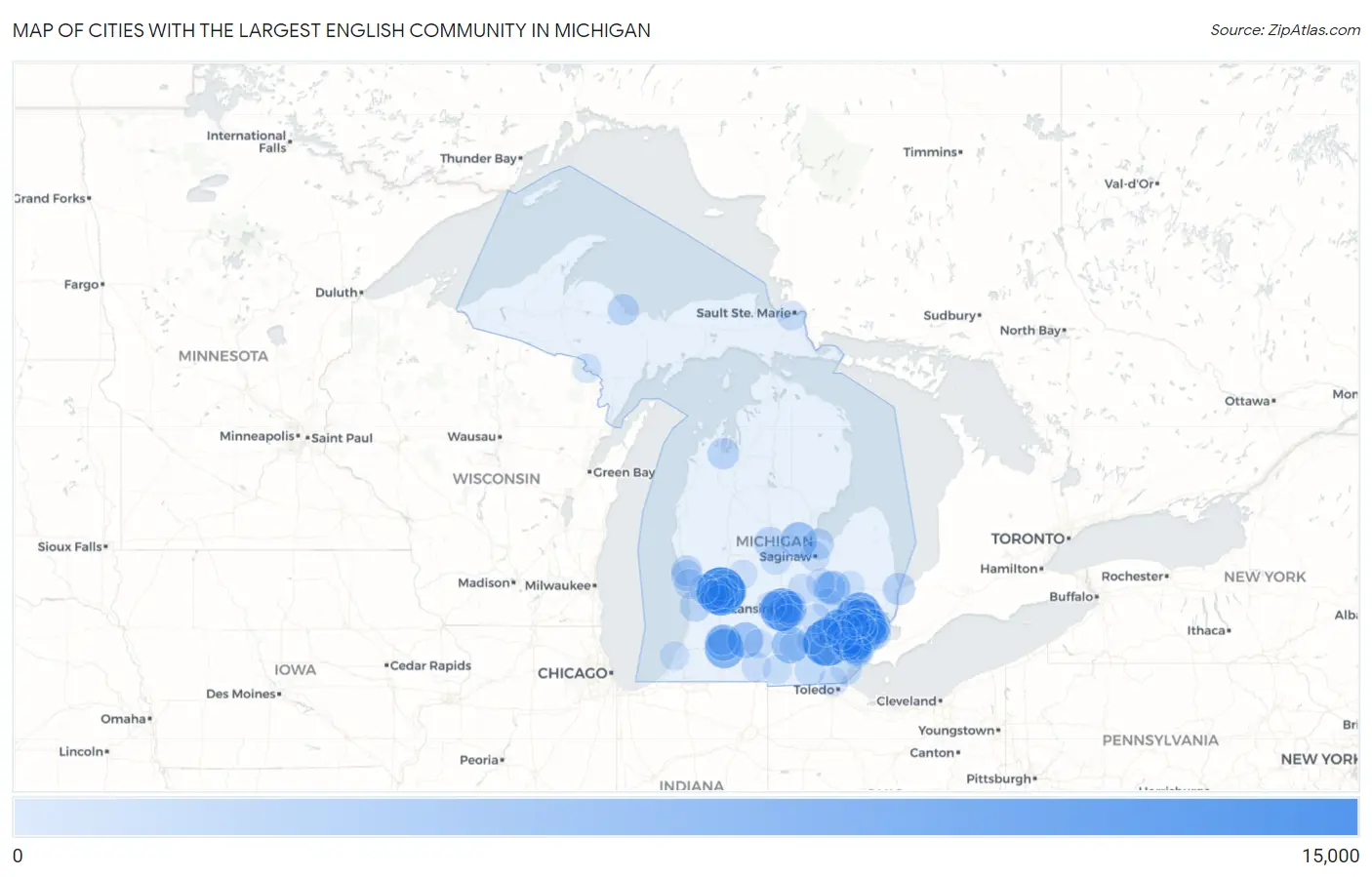Cities with the Largest English Community in Michigan Map