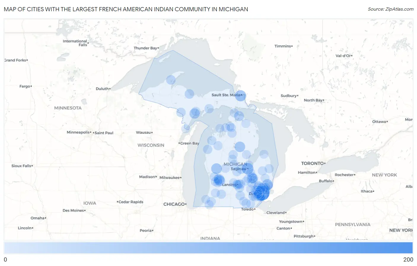 Cities with the Largest French American Indian Community in Michigan Map