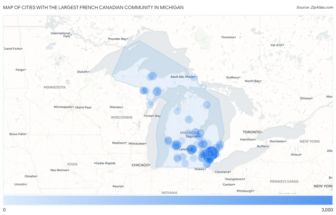 Cities with the Largest French Canadian Community in Michigan Map
