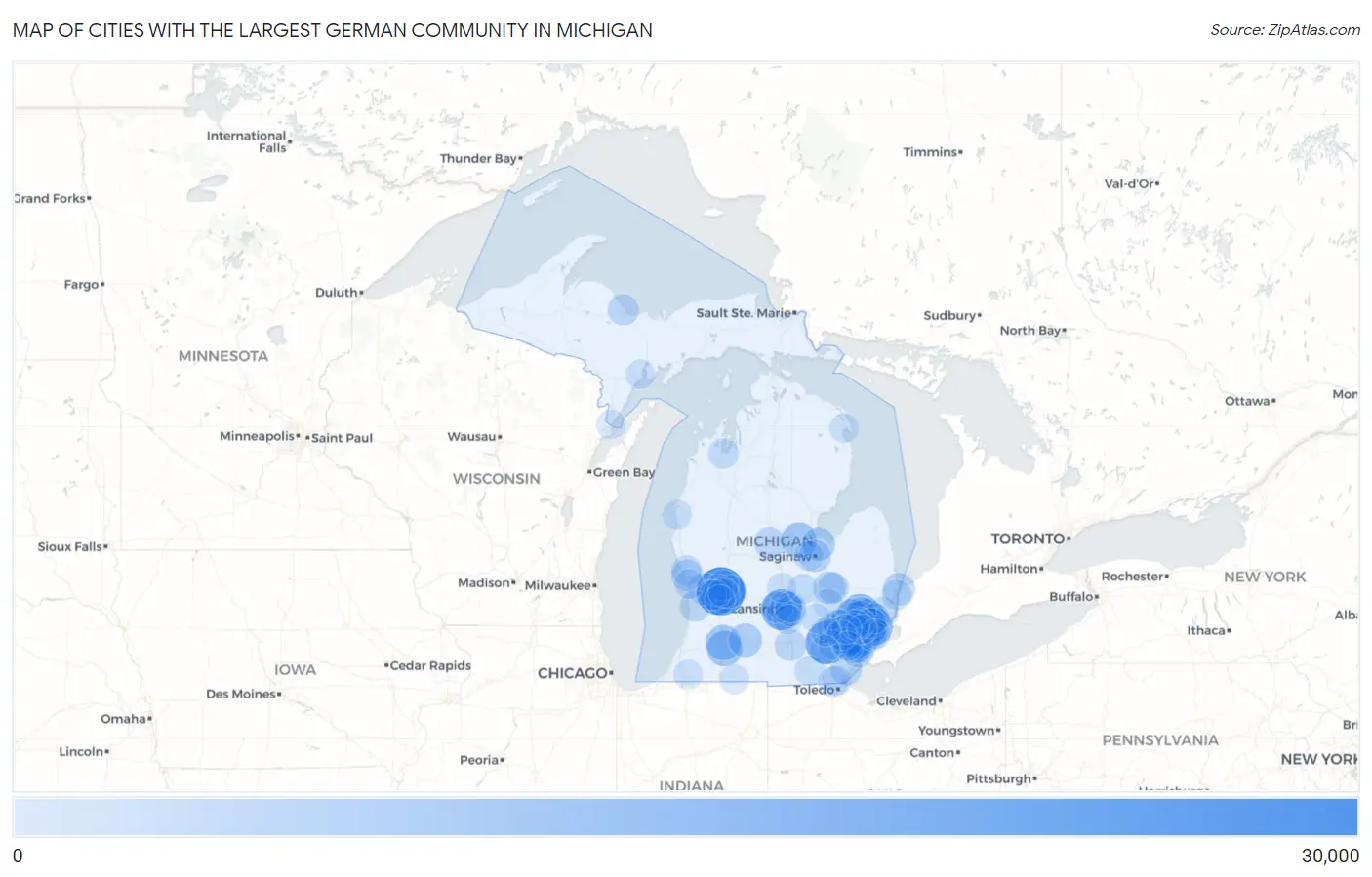 Cities with the Largest German Community in Michigan Map