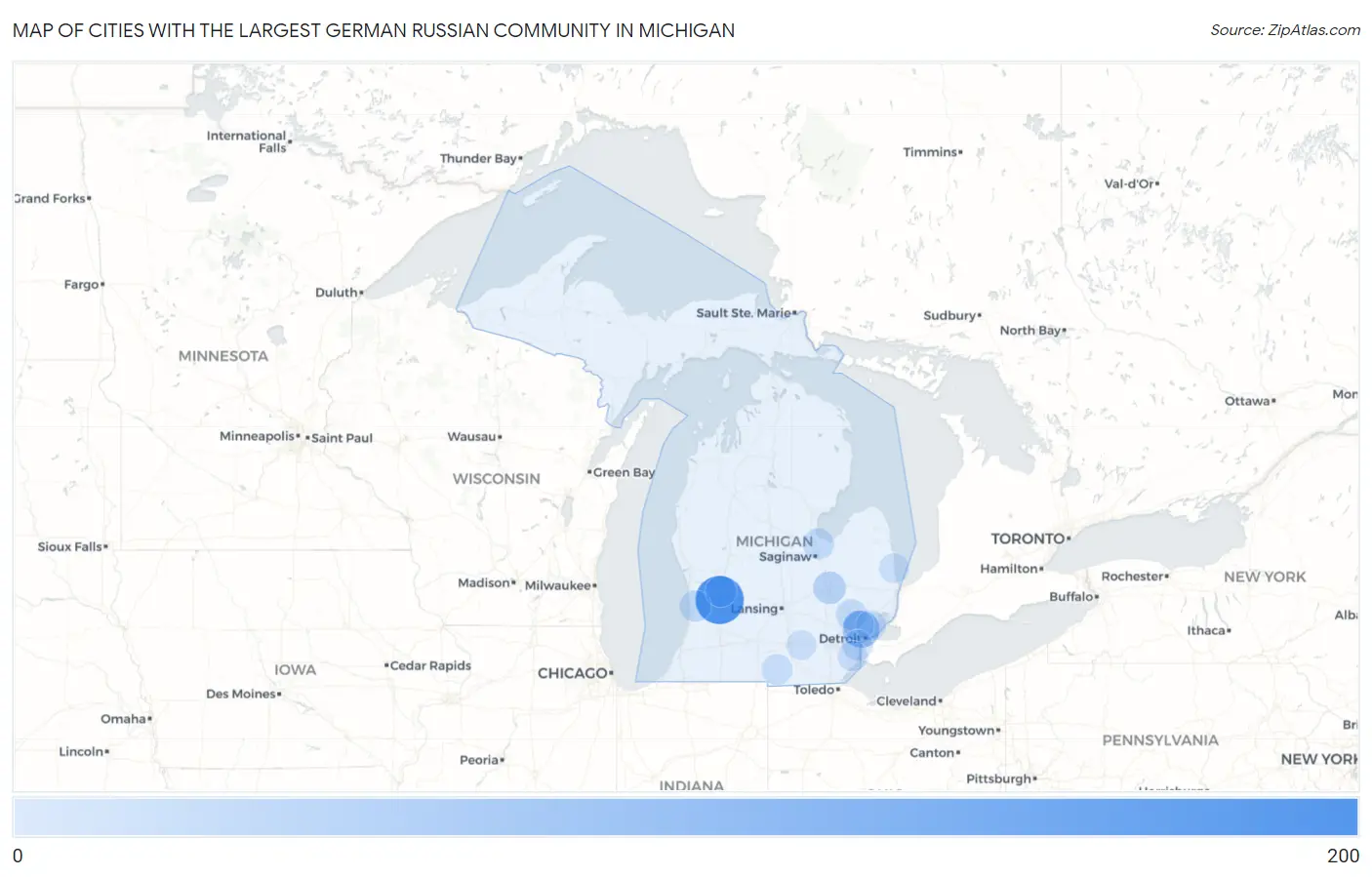 Cities with the Largest German Russian Community in Michigan Map