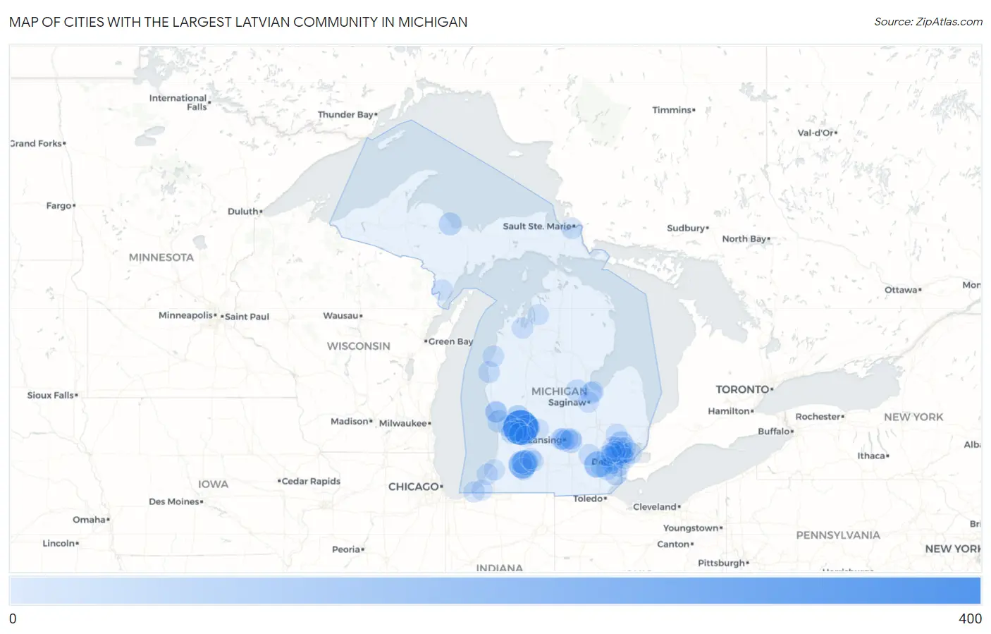 Cities with the Largest Latvian Community in Michigan Map