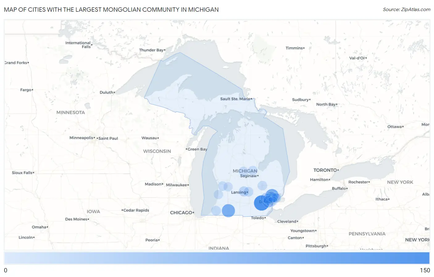 Cities with the Largest Mongolian Community in Michigan Map
