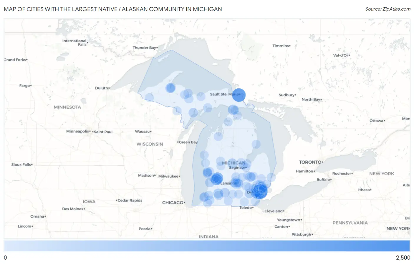 Cities with the Largest Native / Alaskan Community in Michigan Map