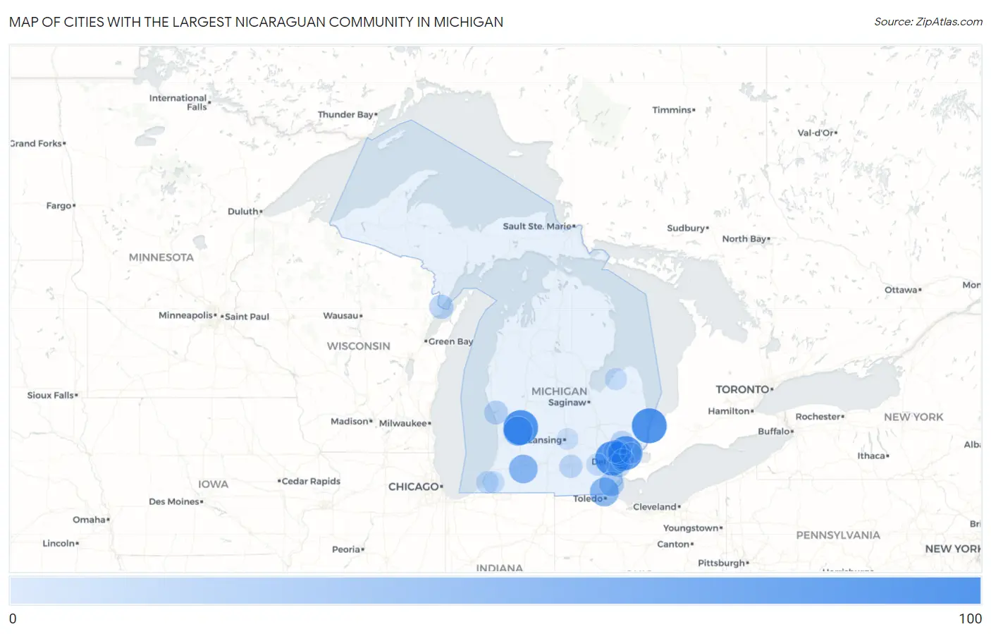 Cities with the Largest Nicaraguan Community in Michigan Map