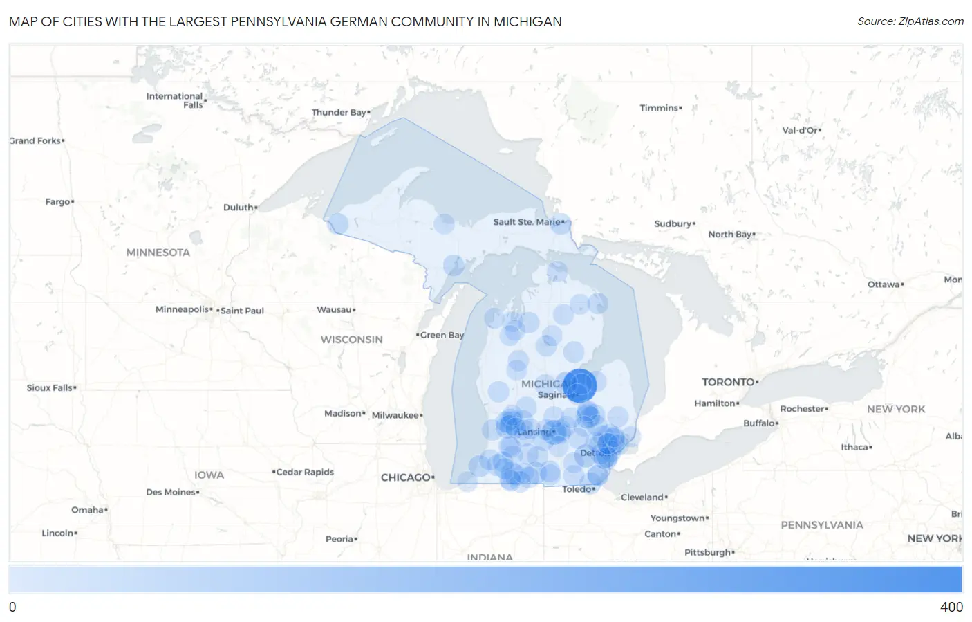 Cities with the Largest Pennsylvania German Community in Michigan Map