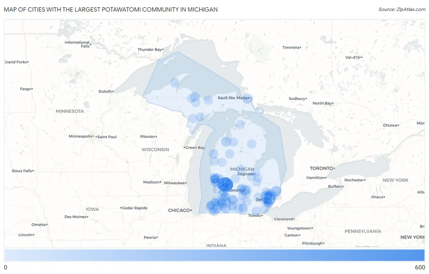 Cities with the Largest Potawatomi Community in Michigan Map