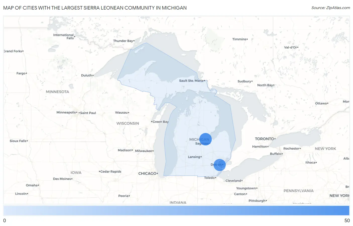 Cities with the Largest Sierra Leonean Community in Michigan Map