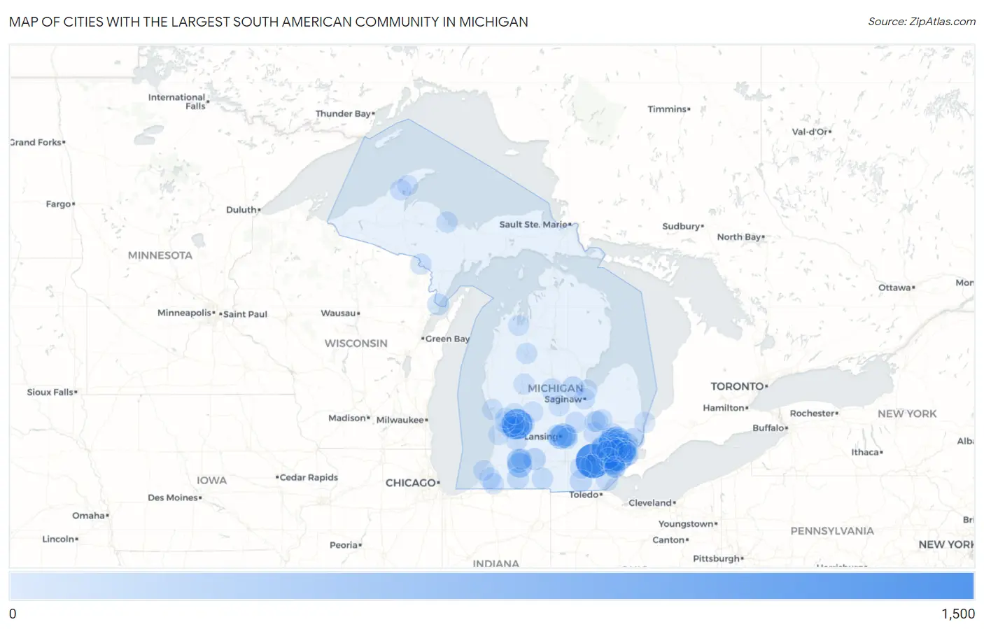 Cities with the Largest South American Community in Michigan Map