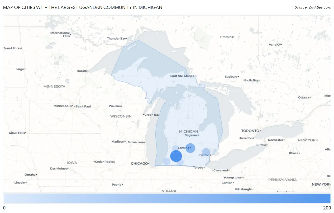 Cities with the Largest Ugandan Community in Michigan Map