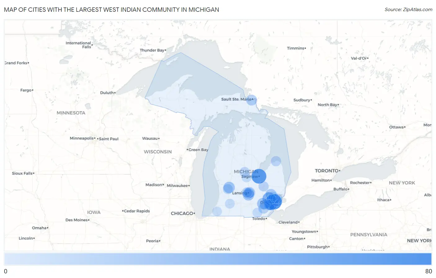 Cities with the Largest West Indian Community in Michigan Map