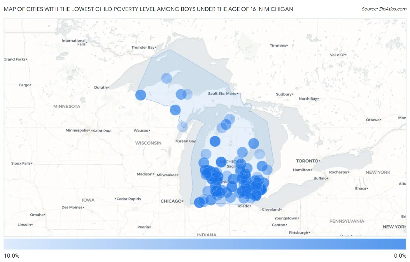Cities with the Lowest Child Poverty Level Among Boys Under the Age of 16 in Michigan Map