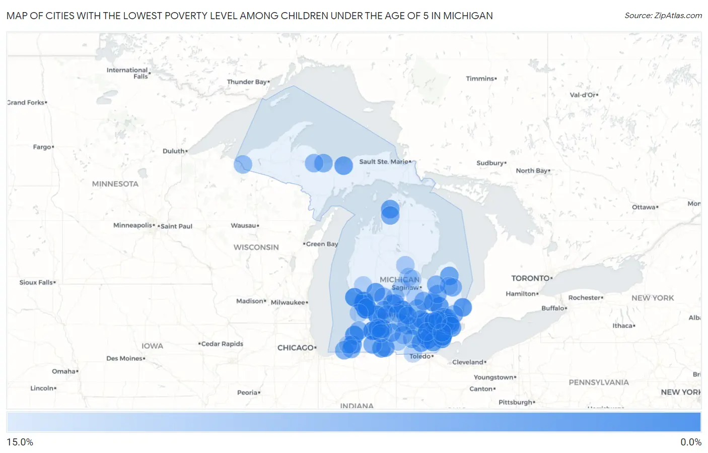 Cities with the Lowest Poverty Level Among Children Under the Age of 5 in Michigan Map