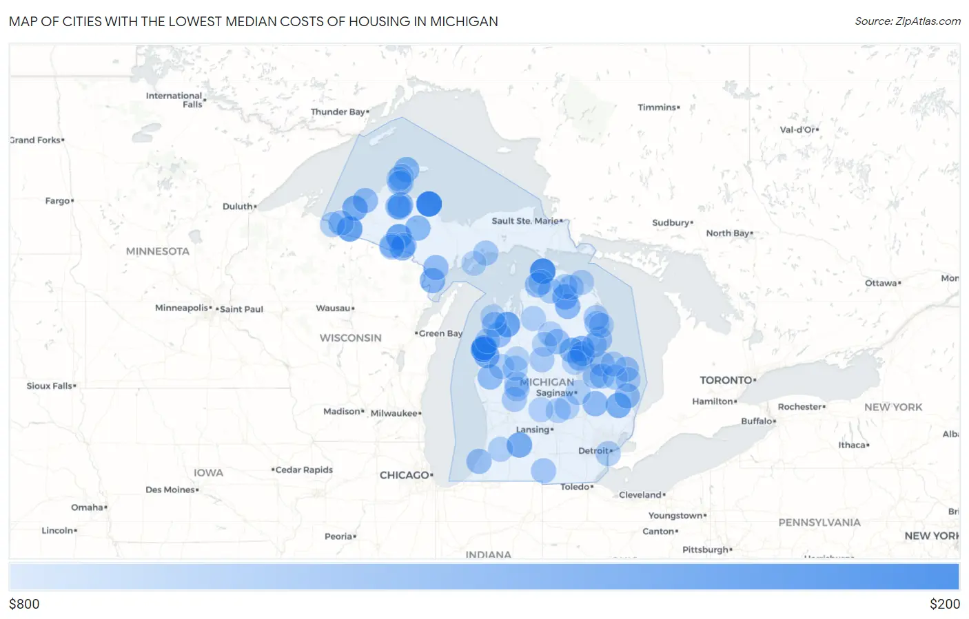 Cities with the Lowest Median Costs of Housing in Michigan Map