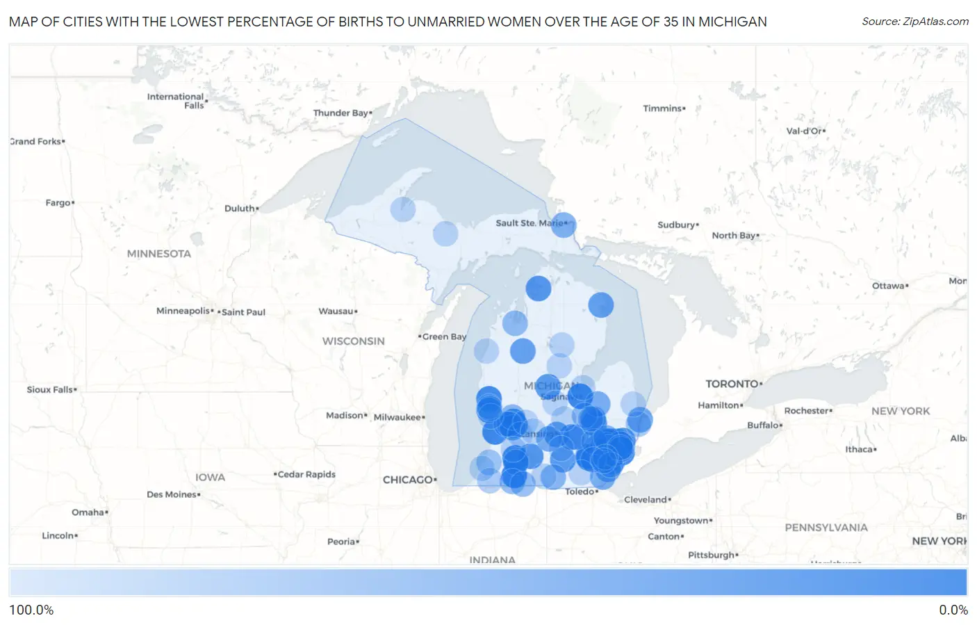 Cities with the Lowest Percentage of Births to Unmarried Women over the Age of 35 in Michigan Map