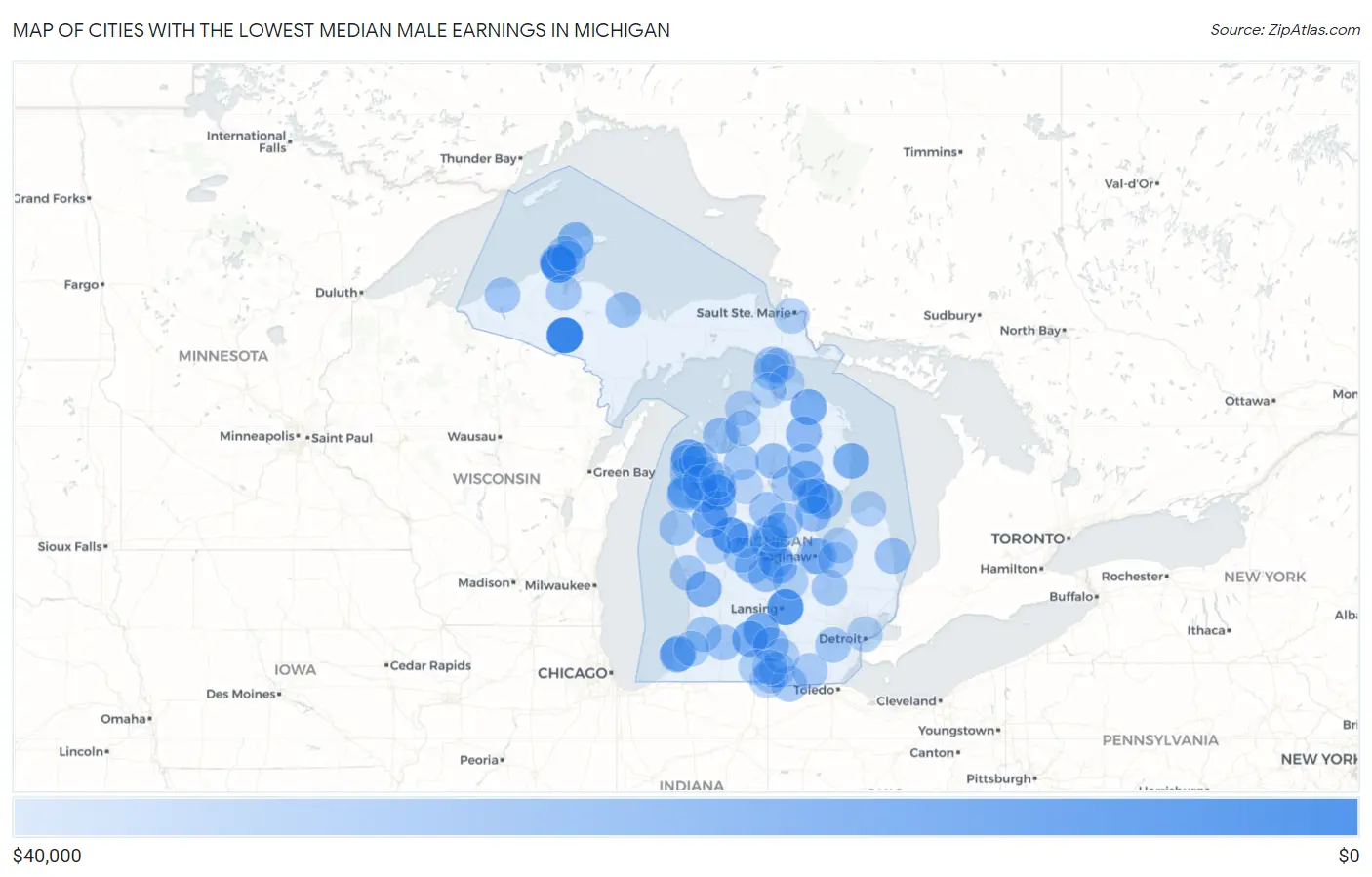 Cities with the Lowest Median Male Earnings in Michigan Map