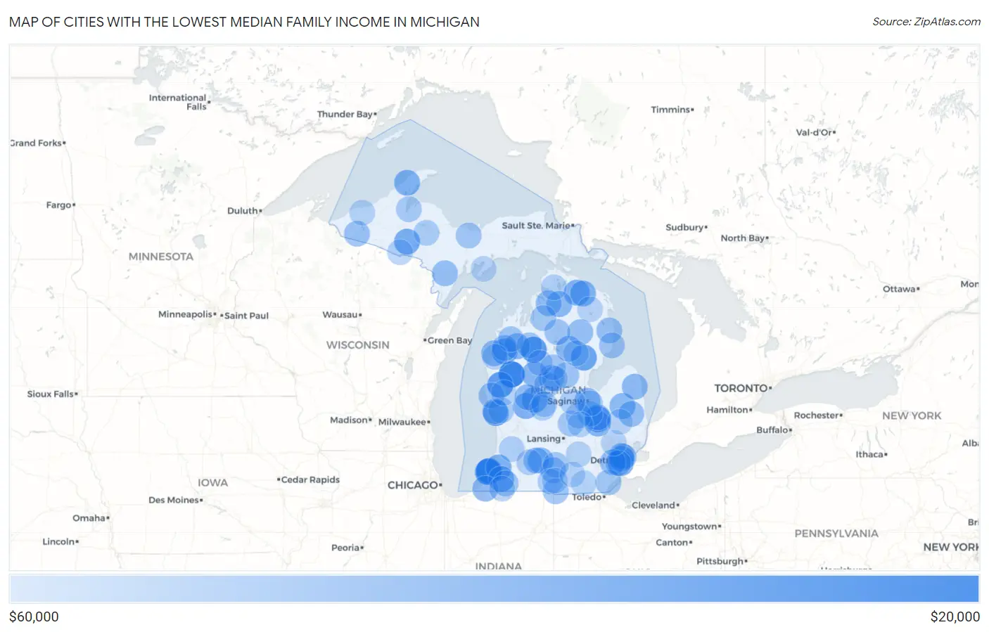 Cities with the Lowest Median Family Income in Michigan Map