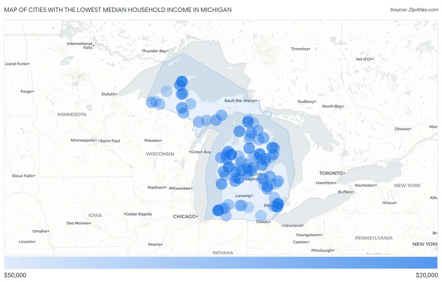 Cities with the Lowest Median Household Income in Michigan Map