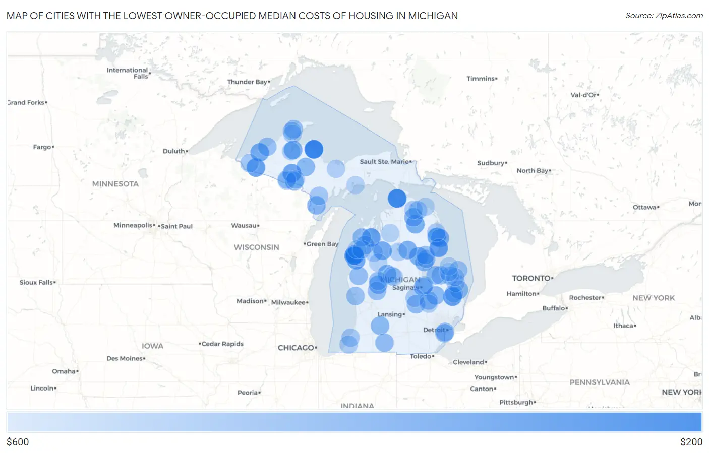 Cities with the Lowest Owner-Occupied Median Costs of Housing in Michigan Map